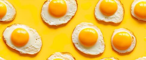 Bright fried eggs display. Fried eggs are arranged neatly on a vibrant yellow background, showcasing their golden yolks and crispy edges. photo