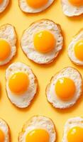 Fried eggs on a bright backdrop. Colorful fried eggs display golden yolks and crisp edges against a vibrant backdrop. photo
