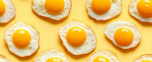 Colorful fried eggs on yellow. Several fried eggs are arranged neatly on a vibrant yellow surface, showcasing their golden yolks and crisp edges. photo