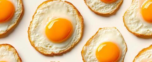 Fried eggs arranged on a light surface. Several perfectly fried eggs with bright yolks are neatly arranged on a light background for an appetizing display. photo