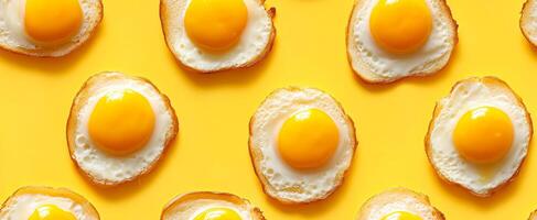 Sunny eggs on yellow bg. Multiple fried eggs are arranged on a vibrant yellow surface, showcasing their bright yolks and crispy edges. photo