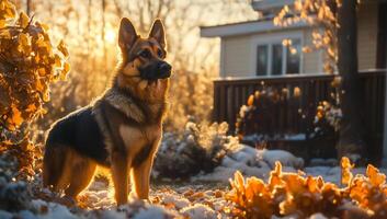 Dog enjoying a sunny autumn evening. A German shepherd stands in a snowy yard scattered with autumn leaves at sunset, exuding warmth and calm. photo