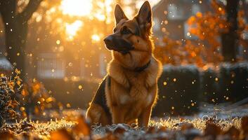 Shepherd in autumn leaves. A german shepherd enjoys a golden hour in a park filled with autumn leaves and gentle falling snowflakes. photo