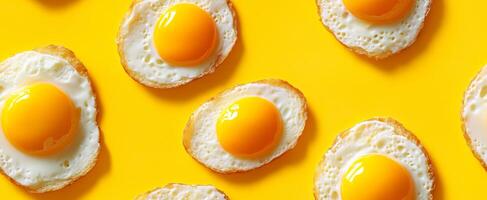 Eggs on yellow background. Fried eggs are neatly arranged on a vibrant yellow background, showcasing their golden yolks and white edges. photo