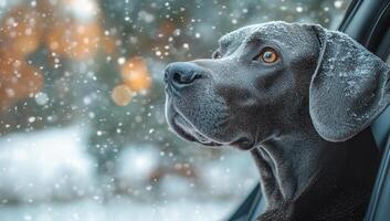 Dog gazing out during snowfall in winter. A gray dog sits by a car window, watching snowflakes fall on a winter day. Its fur is slightly dusted with snow. photo