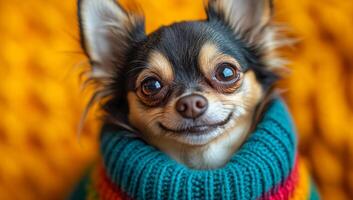 Happy chihuahua in a colorful sweater. A smiling chihuahua wearing a vibrant sweater poses against a warm, knitted backdrop, conveying a cheerful vibe. photo