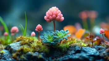 vibrante floraciones en calma alrededores. delicado rosado y verde plantas surgir desde musgo y rocas, creando un vibrante natural monitor en un tranquilo ajuste. foto