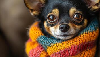 Cute dog in colorful scarf indoors. A small dog with large eyes wears a colorful knitted scarf while relaxing indoors on a cozy day. photo