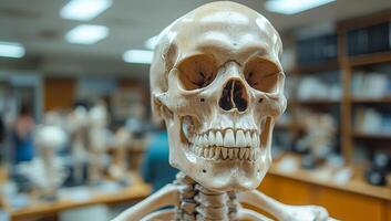 Skeleton for education. A realistic skeleton is prominently shown in a well-lit laboratory setting, surrounded by models and students studying. photo