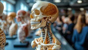Human skeleton exhibit. Detailed display of a human skeleton and skull model at an educational anatomy exhibit with attendees in the background. photo