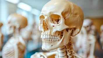 Human skeleton exhibit. A detailed human skeleton on display in a museum, showcasing anatomical features and structure in natural light. photo