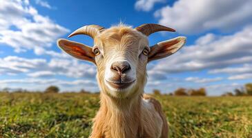 Goat basking in the sun. A goat stands in a green field under a bright blue sky filled with fluffy clouds, looking curiously at the viewer. photo