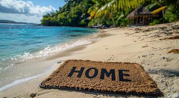 Beautiful beach with welcome mat on sand. A welcome mat with the word home sits on soft sand by a tranquil beach surrounded by lush greenery and calm waters. photo