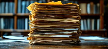 Stack of old papers in library. A tall stack of yellowed papers sits on a wooden table surrounded by rows of books in a quiet library. photo