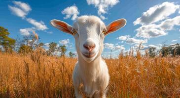 Goat in golden field, blue sky. A friendly goat smiles contentedly in a golden grass field on a sunny day with fluffy white clouds overhead. photo