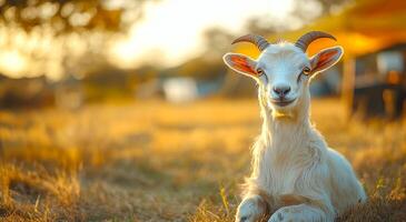 Goat sitting peacefully during sunset. A young goat relaxes in a golden field as the sun sets, showcasing a serene country landscape. photo