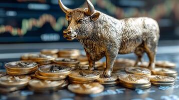 Bull statue with gold coins. A detailed bull statue stands proudly among scattered gold coins on a trading desk, symbolizing market strength. photo