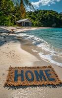 Coastal welcome mat near the beach house. A welcome mat reading HOME rests on the sandy shore, with a beach house visible in the background under a clear sky. photo