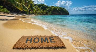 Welcome mat at a serene beach location. A welcome mat reading 'HOME' rests on golden sand, with gentle waves lapping at its edges under a clear blue sky. photo