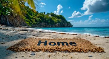 Peaceful beach with home welcome mat. Soft sandy beach features a welcome mat saying home, with clear blue waters and lush green cliffs in the background. photo
