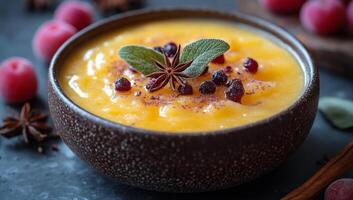 Delicious mango dessert in a rustic bowl. Smooth mango dessert topped with spices, served in a rustic bowl surrounded by fresh fruits, creating a vibrant display. photo