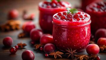 Cranberry jam in rustic kitchen setting. Bright red jars of cranberry jam on a wooden table, surrounded by fresh cranberries and spices, create warmth. photo