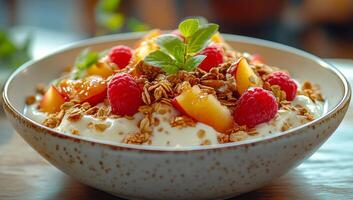 Fruity yogurt bowl with granola. A colorful bowl filled with yogurt, fresh fruit, granola, and mint, set on a wooden table in a cozy setting. photo