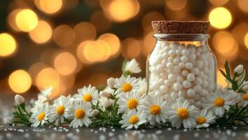 Decorative jar with pearls and flowers. White pearls in a corked jar are surrounded by fresh daisies, creating a tranquil and elegant display. photo