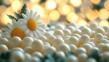 Daisies and spheres on soft ground. Two daisies rest on a bed of white spheres, illuminated by warm, soft lights in the background during evening hours. photo