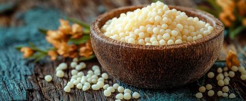 Granules in bowl on table. Small round granules are scattered and placed in a wooden bowl beside delicate flowers on a rustic wooden surface. photo