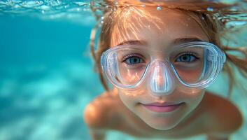 Kid exploring underwater fun. A child with swimming goggles smiles while submerged in clear blue water, showcasing joy and curiosity in the moment. photo