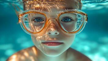 Kid exploring underwater with goggles. A young child dives underwater, wearing clear goggles, exploring a shimmering pool on a sunny day. photo