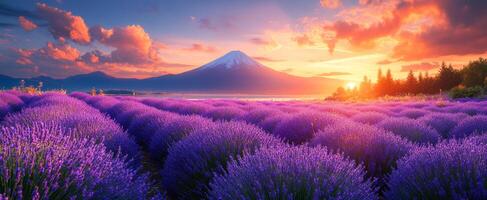 Sunset over lavender fields. Vibrant lavender fields bloom under a stunning sunset backdrop with Mount Fuji majestically rising in the distance. photo