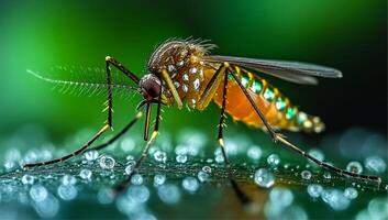 Mosquito on a leaf.close-up. A mosquito rests on a leaf covered in dew, showcasing its intricate body details in a natural environment. photo
