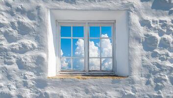 Bright window overlooking a blue sky. A whitewashed wall features a bright window framed by fluffy clouds and a vivid blue sky outside. photo