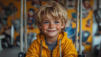 Smiling child on a swing in a play area. A young boy with blonde curls enjoys swinging in a vibrant indoor play area filled with colorful decorations. photo