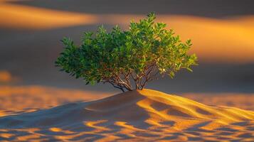 Resilient shrub thriving in desert sands. A green shrub stands prominently on golden sand dunes, adapted to the harsh desert environment at sunset. photo