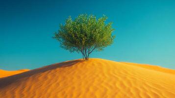 Lonely tree on sand dune. A green tree stands alone atop a golden sand dune, contrasting against a clear blue sky during daylight. photo