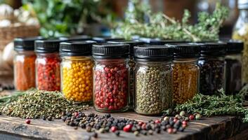 Spices on a rustic table. Colorful spice jars sit on a wooden table, next to fresh herbs and dried ingredients in a cozy space. photo