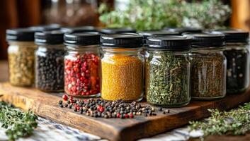 Spices in jars on a wooden board. Various jars filled with spices and herbs are neatly arranged on a wooden board, surrounded by fresh greenery. photo