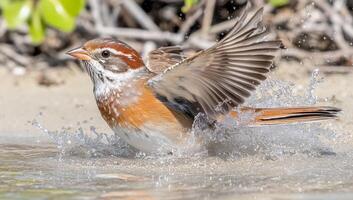 Bird splashing at sunrise. A colorful bird bathes joyfully in clear shallow water amidst lush greenery during the golden hour. photo