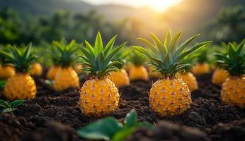 Pineapples thrive in sunlight. Rows of vibrant pineapples grow in rich soil under a warm sunset, creating a picturesque tropical landscape. photo