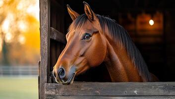 Horse looking out from stable at sunset. A brown horse peeks out from its stable, framed by soft evening light and a tranquil countryside backdrop. photo