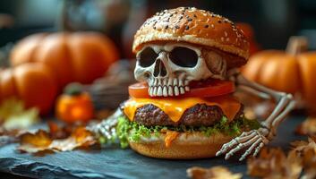 Halloween skeleton burger. A fun skeleton-themed burger adds a festive twist to Halloween, topped with vibrant ingredients and autumn decor. photo