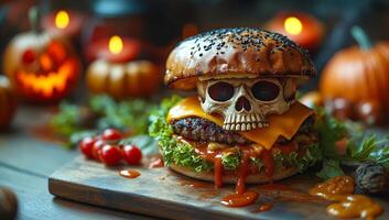 Skull-decorated Halloween burger. A Halloween burger topped with a skull, fresh lettuce, cheese, and festive pumpkins in the background. photo