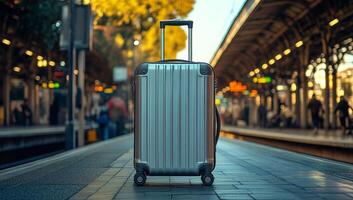 Silver suitcase on platform. A silver suitcase stands alone on an empty train platform during the late afternoon, capturing a sense of travel. photo