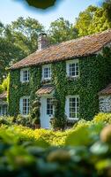 Charming cottage covered in green ivy. A cozy cottage is enveloped in lush green ivy, surrounded by vibrant flowers and greenery on a sunny day. photo