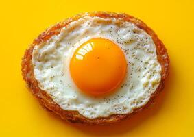 Fried egg on bright yellow background. A perfectly cooked fried egg with a vibrant yellow yolk sits on a yellow surface, inviting and appetizing. photo