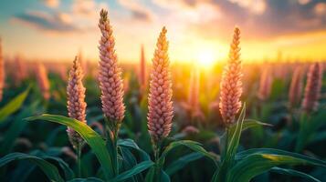 Sunset over a cornfield with tall stalks. Golden sunlight illuminates corn stalks standing tall in a lush field during a beautiful sunset. photo