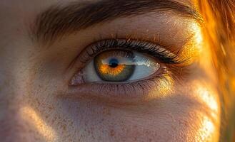 Beautiful close-up of a captivating eye. Close-up of a person's eye showcasing vibrant colors and intricate details with sunlight highlighting its features. photo